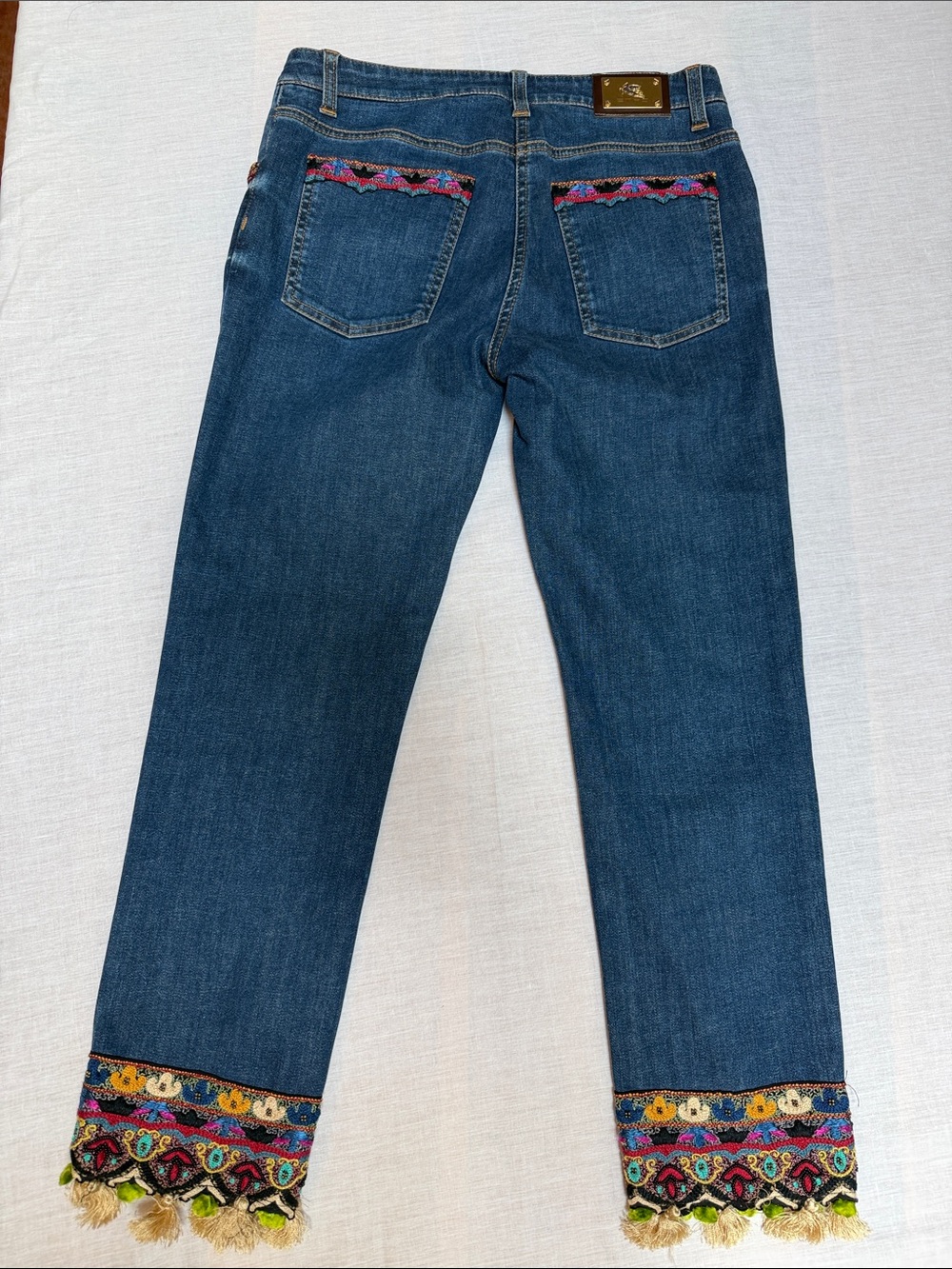Etro Blue Straight-Leg Jeans with Embroidered Cuffs and Tassels